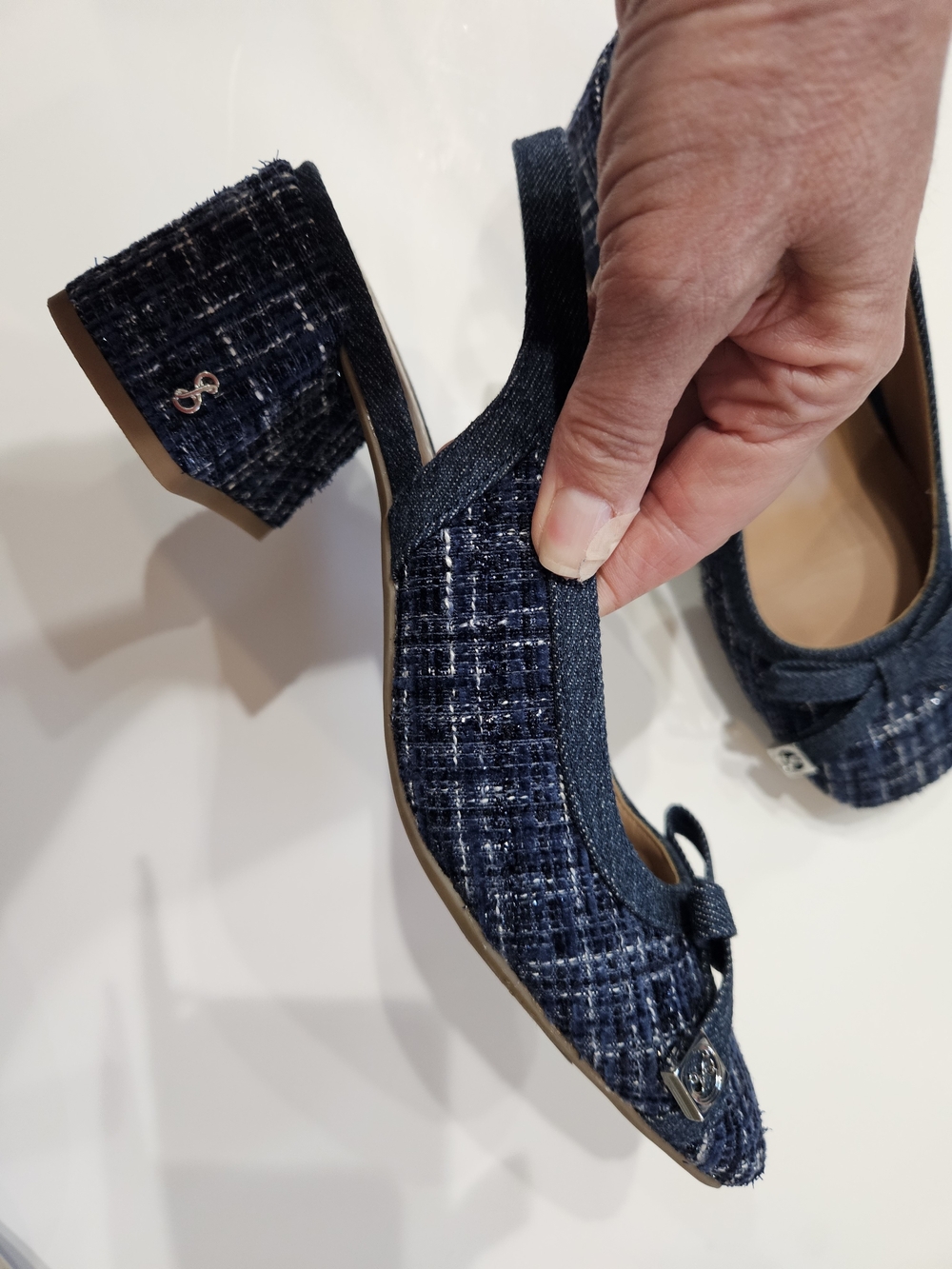 Navy Tweed Slingback Block Heel Pumps - Picture 8 of 10
